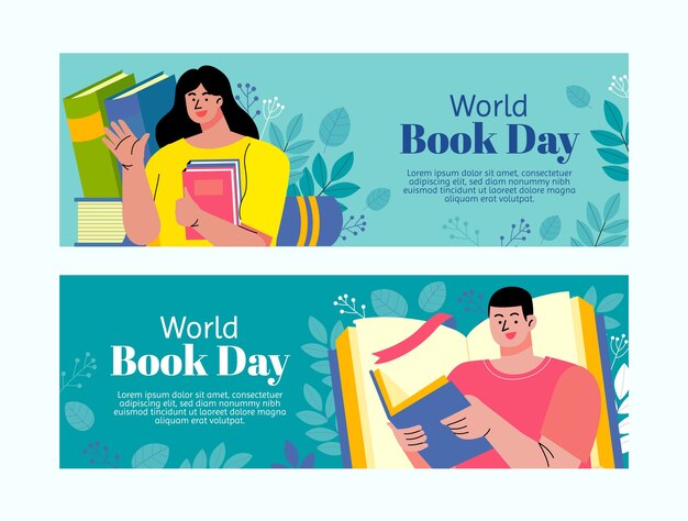 Pacote de banners horizontais do dia mundial do livro plano