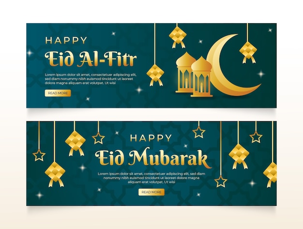 Vetor grátis pacote de banners horizontais gradiente eid al-fitr