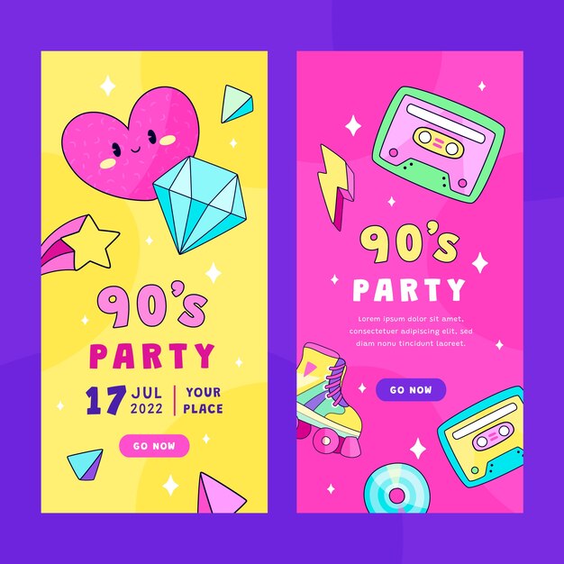 Pacote de banners verticais de festa plana dos anos 90