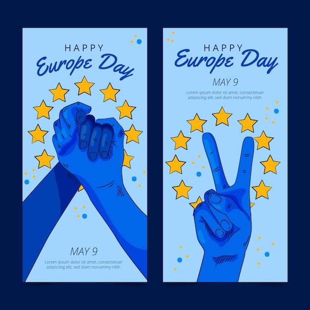 Pacote de banners verticais do dia da europa desenhado à mão
