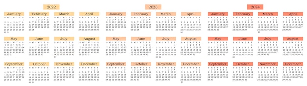 Pacote de calendários anuais 2022 2023 2024