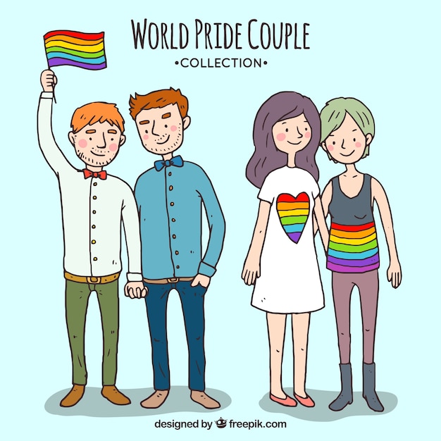 Pacote de casais desenhados a mão comemorando o orgulho gay