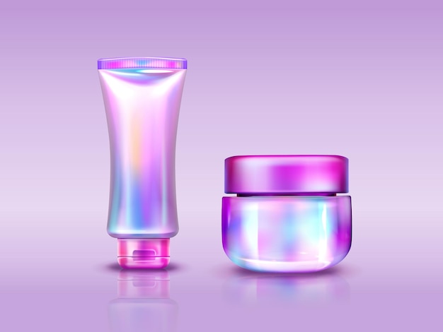 Pacote de cosméticos holográficos, tubo iridescente e frasco