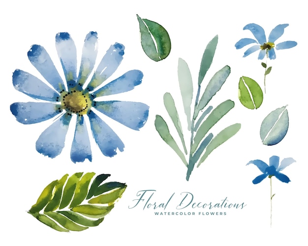 Pacote de decoração floral com flores em aquarela azul