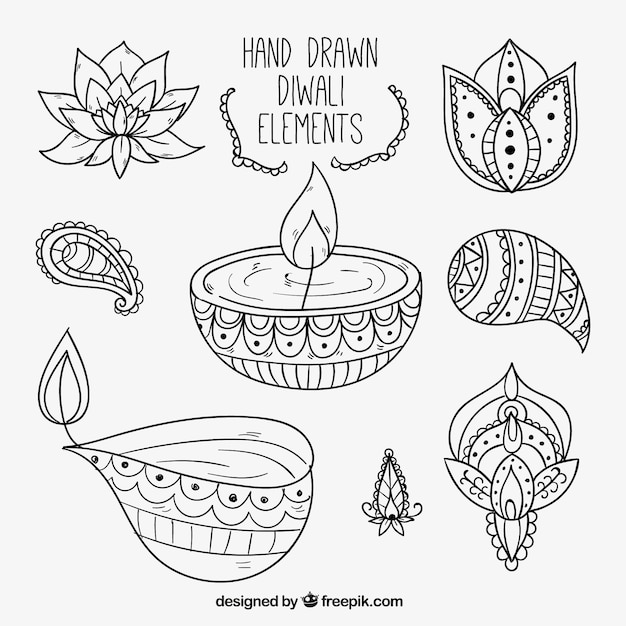 Pacote de diwali de elementos étnicos desenhados à mão