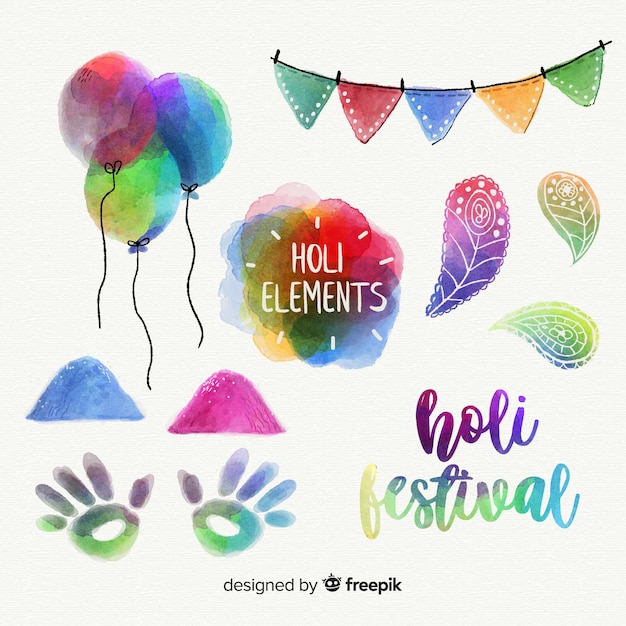 Pacote de elementos de festival aquarela holi