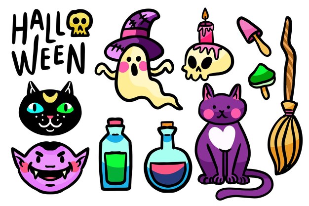 Pacote de elementos de halloween de desenho desenhado à mão