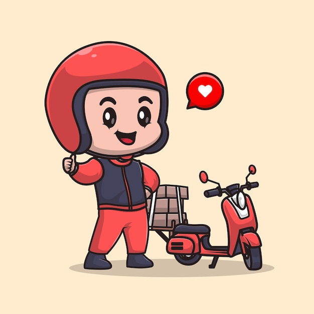 Vetor grátis pacote de entrega de correio masculino bonito com ilustração de ícone de vetor de desenho animado de motocicleta. trabalho de pessoas