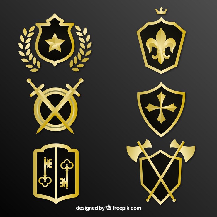 Vetor grátis pacote de escudos de ouro decorativos