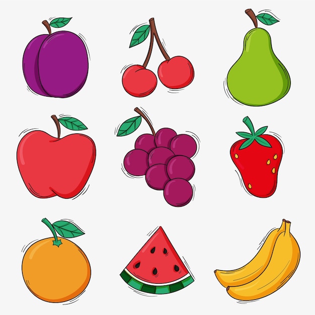 Pacote de frutas deliciosas desenhadas à mão