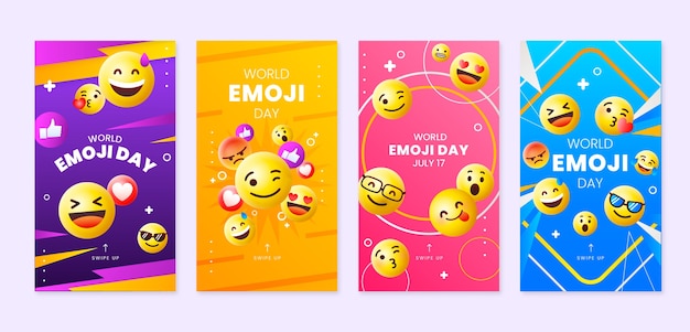 Vetor grátis pacote de história do instagram do dia mundial do emoji gradiente