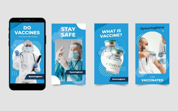 Vetor grátis pacote de histórias de instagram de vacina plana com fotos