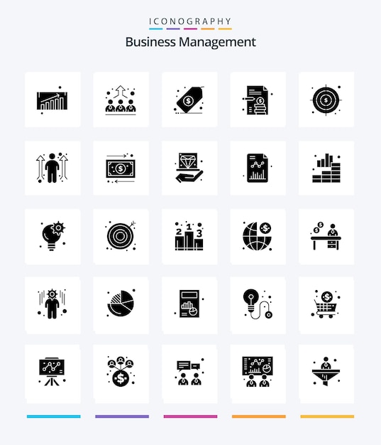 Pacote de ícones Creative Business Management 25 Glyph Solid Black, como papel comercial de gerenciamento de objetivos de oportunidade de negócios