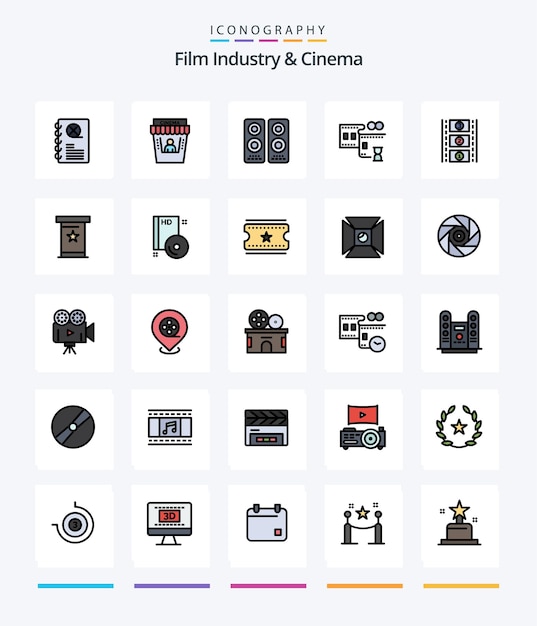 Pacote de ícones creative cenima 25 line filled, como rolo de filme de cinema de conferência de pódio