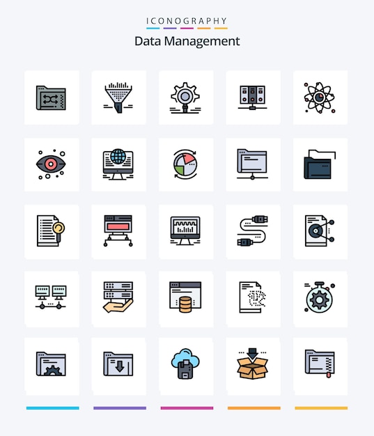Pacote de ícones creative data management 25 line filled, como configuração de mainframe de classificação de servidor atom