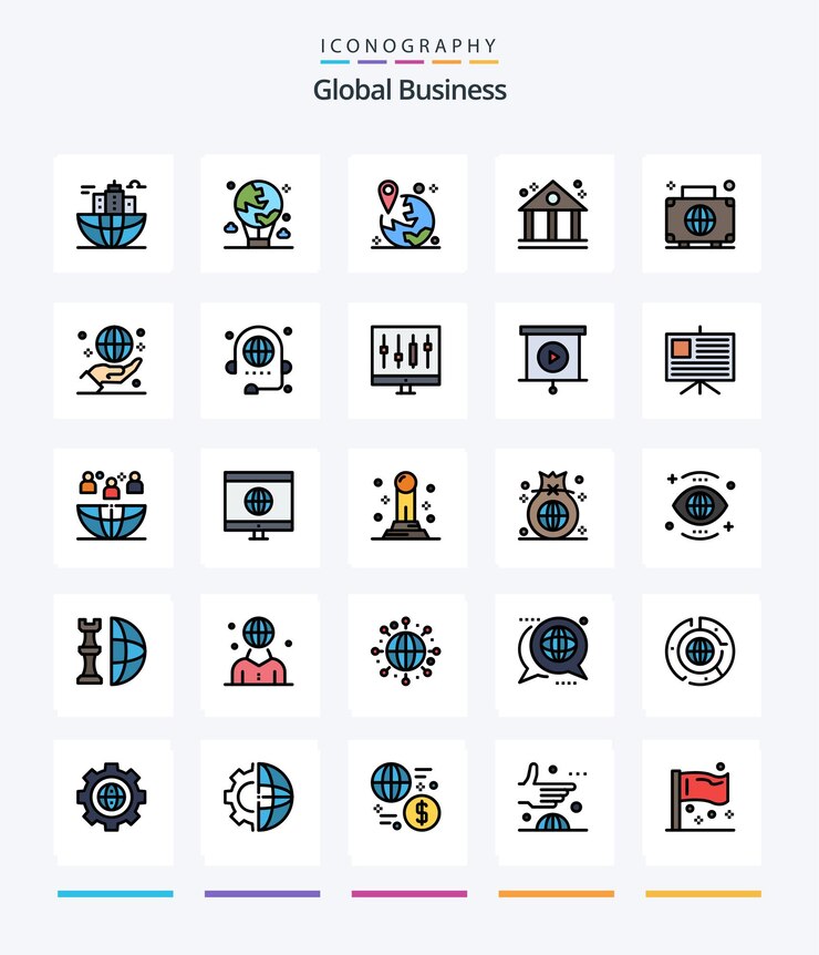 Vetor grátis pacote de ícones creative global business 25 line filled, como mapa de navegação global do banco financeiro