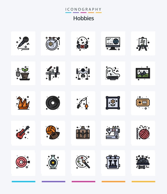 Vetor grátis pacote de ícones creative hobbies 25 line filled, como hobbies, tela de hobbies, notícias, hobbies