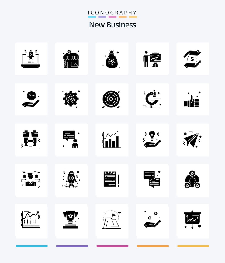 Vetor grátis pacote de ícones creative new business 25 glyph solid black, como esforços de dinheiro de negócios, dinheiro de seta