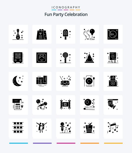Pacote de ícones Creative Party 25 Glyph Solid Black, como balões de celebração de carnaval de festa de música