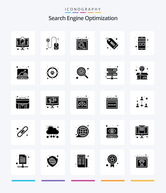 Vetor grátis pacote de ícones creative seo 25 glyph solid black, como site de computador portátil, loja online, comércio eletrônico