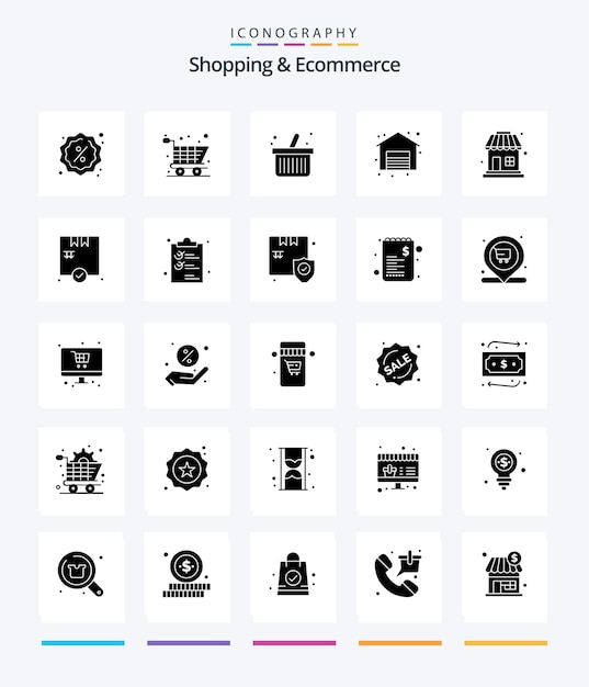 Pacote de ícones creative shopping ecommerce 25 glyph solid black, como documento de compras, verificação de clipper de compras