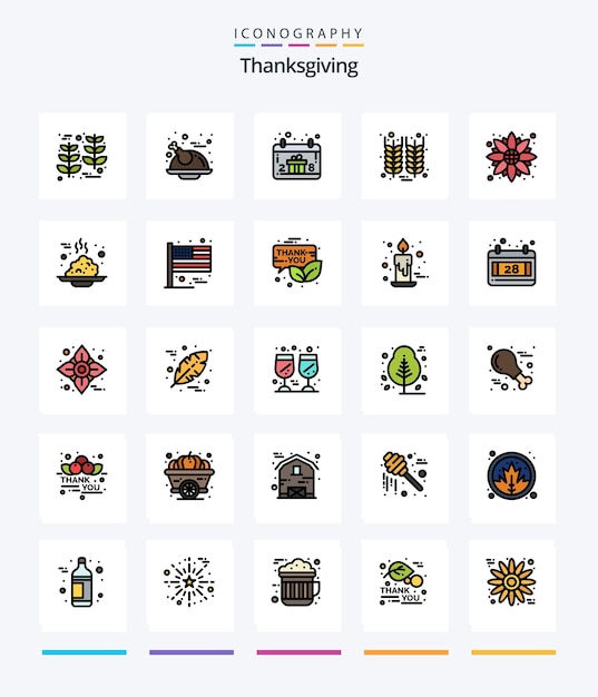 Pacote de ícones criativos de ação de graças com 25 linhas, como garrafa de ação de graças de calendário de trigo de flores