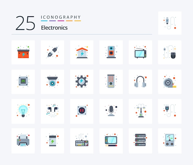Vetor grátis pacote de ícones de 25 cores planas de eletrônicos, incluindo alto-falante de televisão de casa de tv de computador