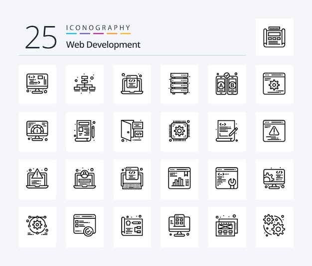 Vetor grátis pacote de ícones de 25 linhas de desenvolvimento da web, incluindo dados de servidor html de armazenamento de desenvolvimento