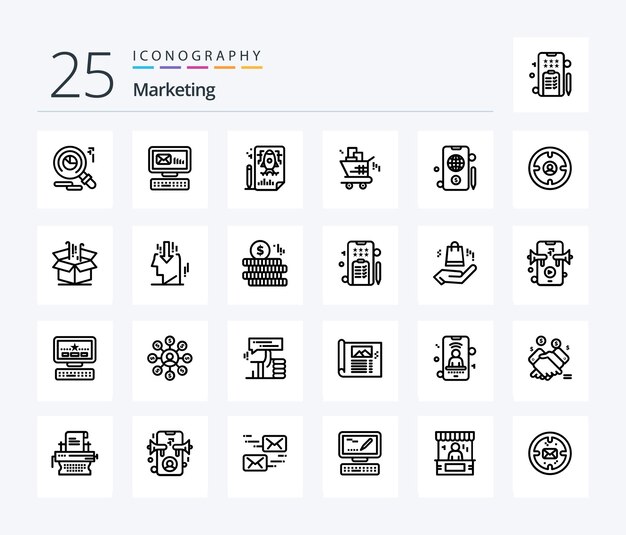 Pacote de ícones de 25 linhas de marketing, incluindo marketing de compras de pencle móvel em dólar