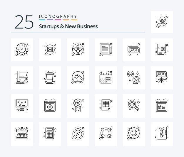 Pacote de ícones de 25 linhas de startups e novos negócios, incluindo produção de planejamento de seguro de projeto de notas