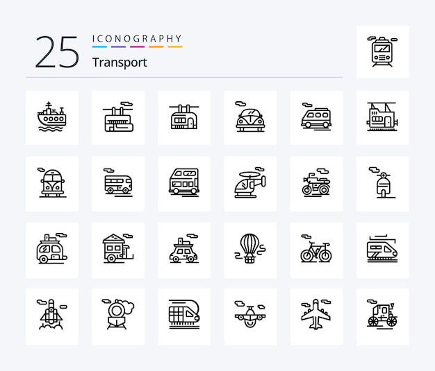 Vetor grátis pacote de ícones de 25 linhas de transporte, incluindo van de trem de carro de transporte público de ônibus
