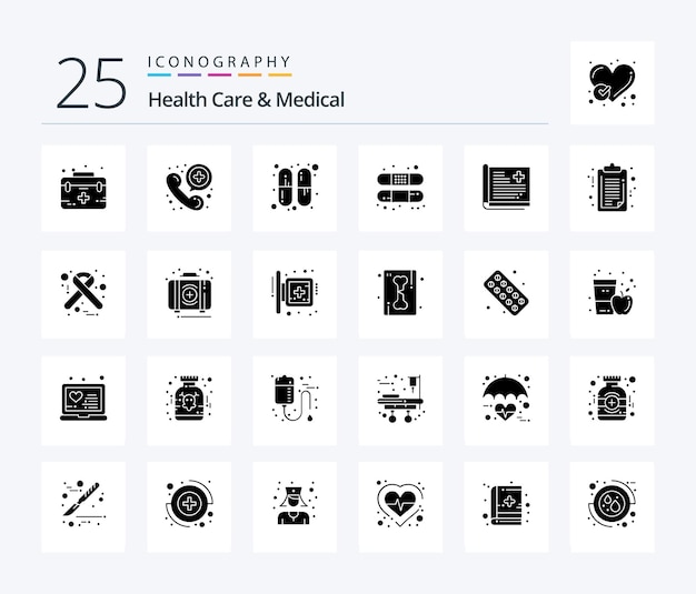 Pacote de ícones de cuidados de saúde e médicos 25 sólidos glyph, incluindo auxílio de curativo de telefone de tratamento de histórico