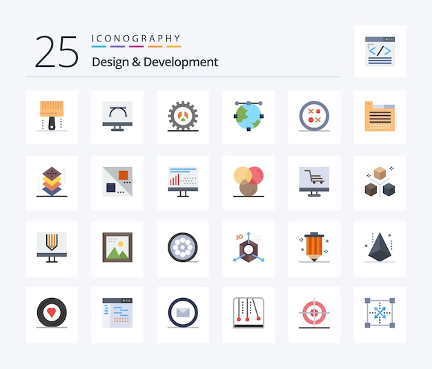 Pacote de ícones de desenvolvimento de design 25 cores planas, incluindo configurações de desenvolvimento web de design gráfico de âncora de desenvolvimento