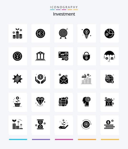 Pacote de ícones de investimento criativo 25 Glyph Solid Black, como lâmpada de ideia de alvo de investimento de análise