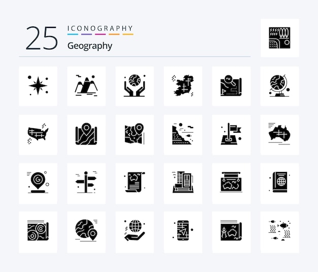 Vetor grátis pacote de ícones geo graphy 25 solid glyph incluindo localização irlanda proteção para caminhadas mão humana