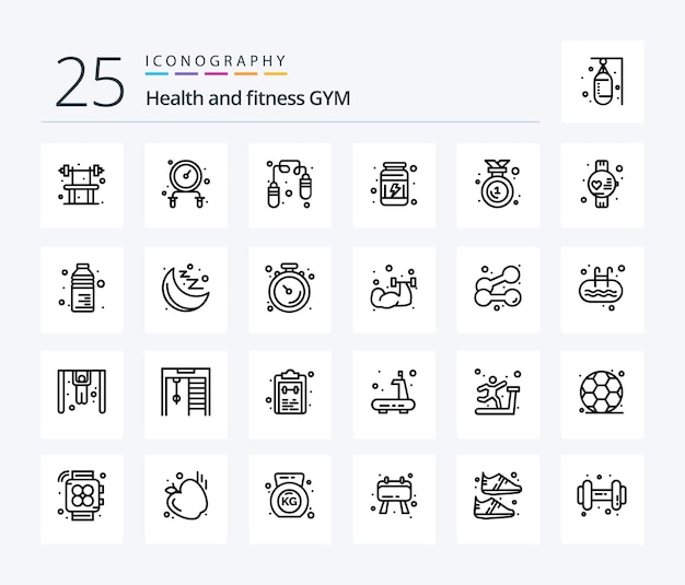 Pacote de ícones Gym 25 Line, incluindo distintivo de medalha de relógio de proteínas de ginásio