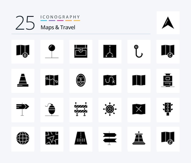 Vetor grátis pacote de ícones maps travel 25 solid glyph, incluindo peixe de gancho de tesouro de mapa de cone