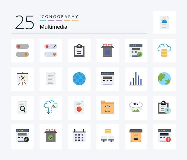 Vetor grátis pacote de ícones multimedia 25 flat color, incluindo backup de hospedagem de configuração de placa de estratégia