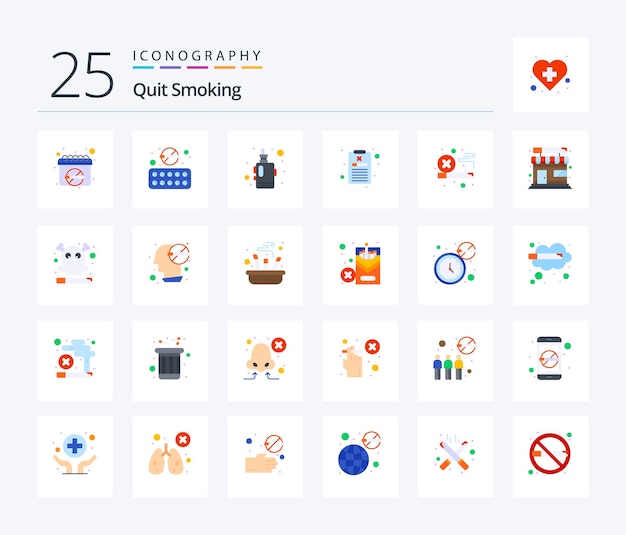 Vetor grátis pacote de ícones para parar de fumar 25 cores planas, incluindo relatório de fumaça fumar vapor