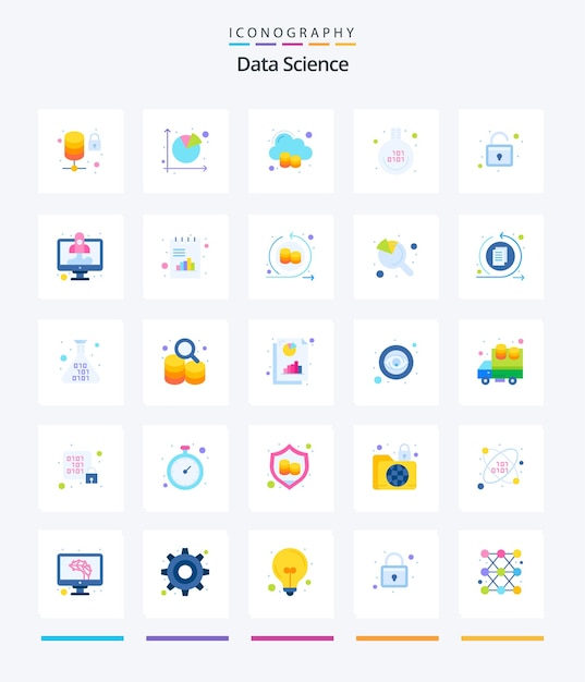 Vetor grátis pacote de ícones planos creative data science 25, como experimento de código binário, gráfico de pizza, educação, big data