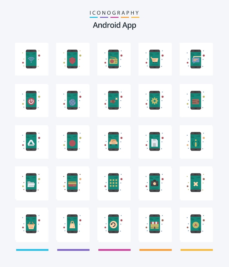 Vetor grátis pacote de ícones planos do creative android app 25, como carrinho de mensagem de mídia móvel de texto