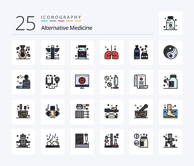 Pacote de ícones preenchidos com 25 linhas de medicina alternativa, incluindo loção, cosméticos, medicina, pulmões