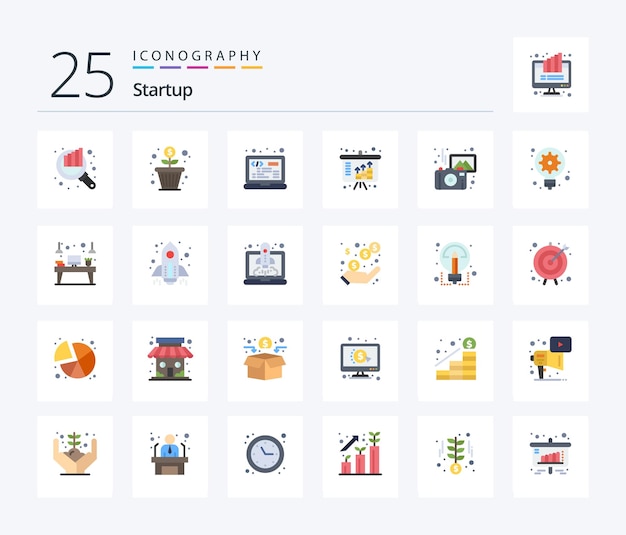 Pacote de ícones startup 25 flat color, incluindo ativos de renda de codificação de investimento em fotografia