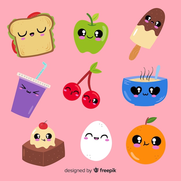 Pacote de kawaii de comida de mão desenhada