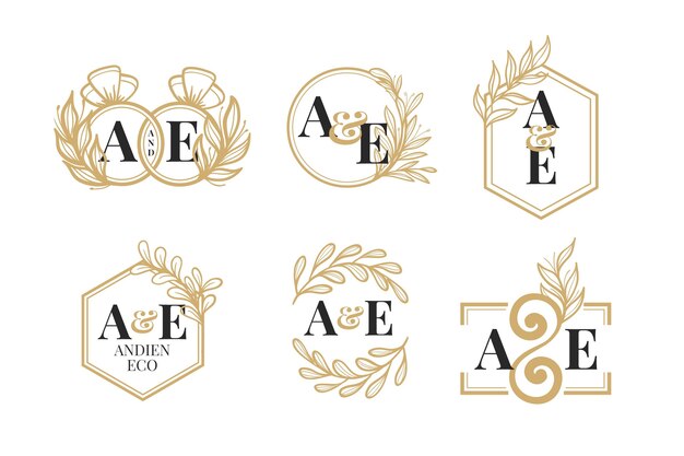 Pacote de logotipo com monograma de casamento dourado desenhado à mão