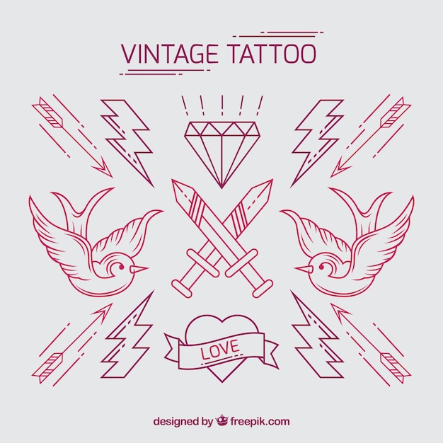 Vetor grátis pacote de mão desenhada tatuagens do vintage