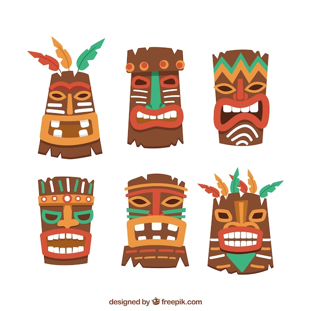 Pacote de máscaras tiki em design plano