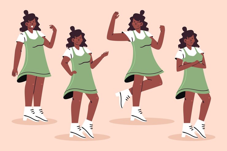 Vetor grátis pacote de menina preta lisa orgânica em poses diferentes