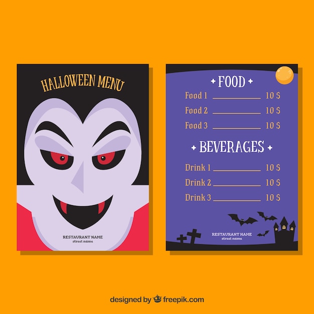 Vetor grátis pacote de menu de halloween com vampiro