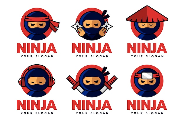 Vetor grátis pacote de modelos de logotipo ninja de design plano